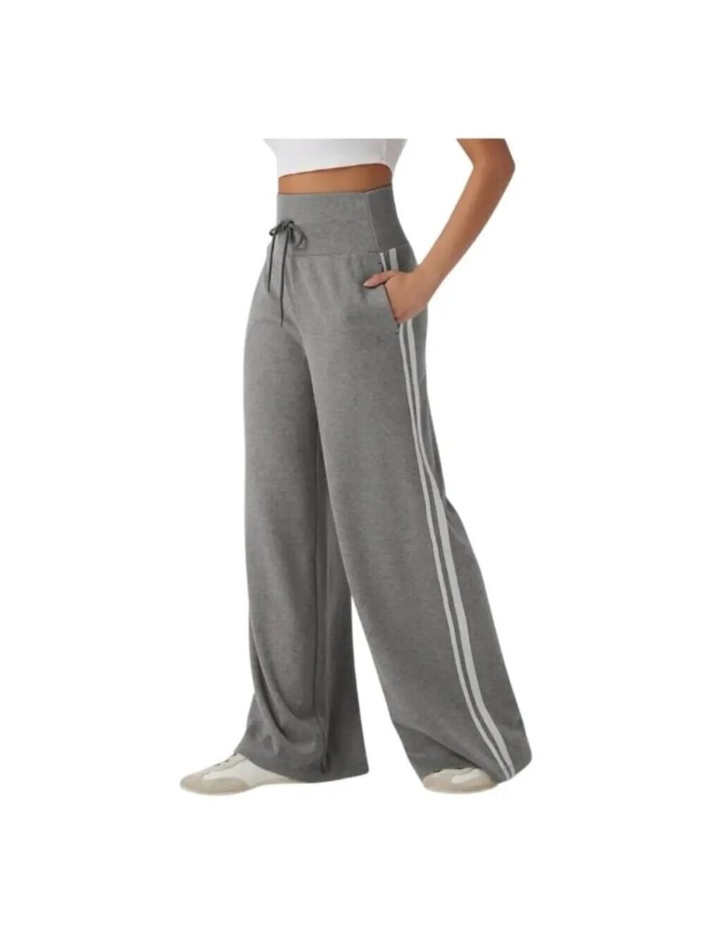 HALARA Gray Wide-Leg Track Pants with White Double Side Stripes